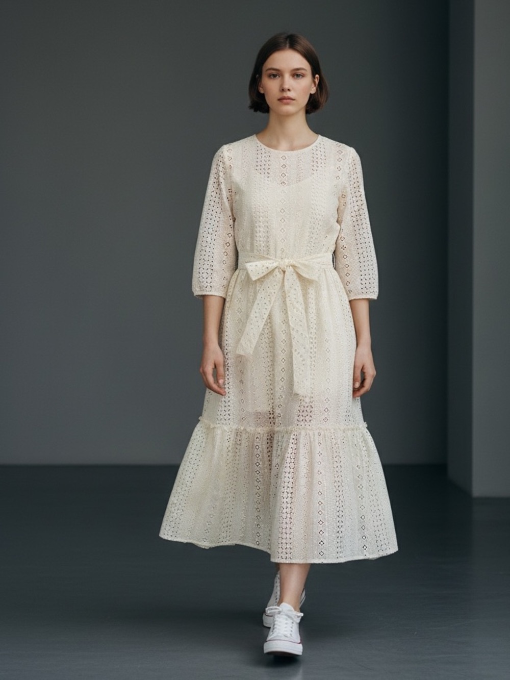 Gold Hawk midi eyelet dress